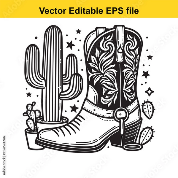 Fototapeta Stylized Cowboy Boot and Cactus Illustration A Western Themed Black and White Design for Apparel or Print