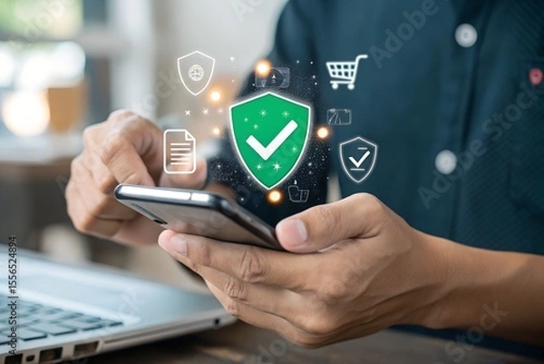 Fototapeta Secure online payment, Digital banking, Payment successful, Fintech solutions for seamless transactions and data protection, Online banking, Businessman authorizes an online payment via smartphone. 