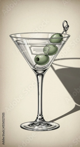 Fototapeta Classic martini cocktail in a clear glass with three green olives, on a beige background with a shadow. Vintage drink for bar menu design.