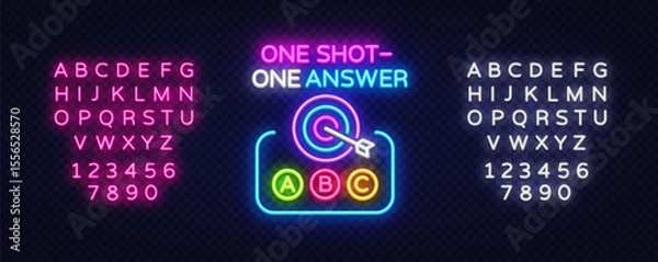 Fototapeta Trivia vector icon with target and letters. Neon illustration shows phrase ONE SHOT ONE ANSWER and answer buttons ABC on transparent grid