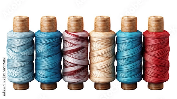 Fototapeta Colorful spools of sewing thread in blue, red, and tan create a crafting and textile design element transparent.