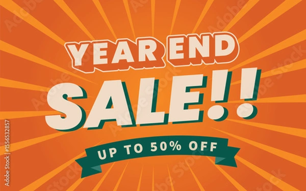Fototapeta Year end sale banner flyer poster design. orange color retro style vector template 
