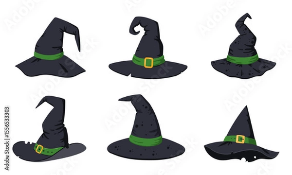 Fototapeta Halloween witch hats. Halloween wizard spooky textile hats, party costume elements flat vector illustrations set. Cartoon witchcraft hats collection