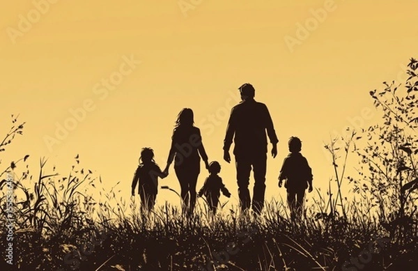 Fototapeta Silhouette of a family with parents and children walking together in a field at sunset, symbolizing unity, love, and togetherness.