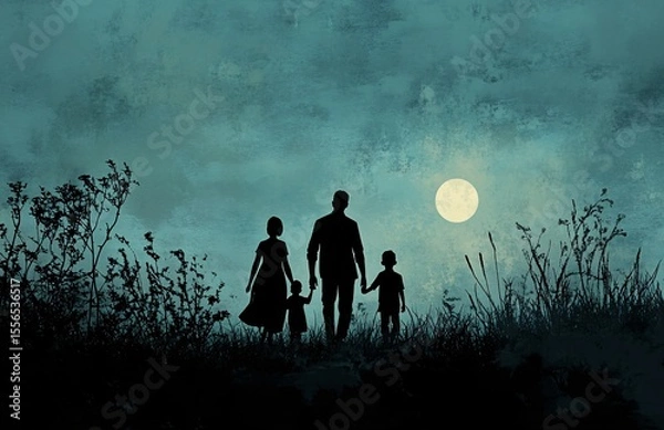 Fototapeta Silhouette of a family with parents and children walking together in a field at sunset, symbolizing unity, love, and togetherness.