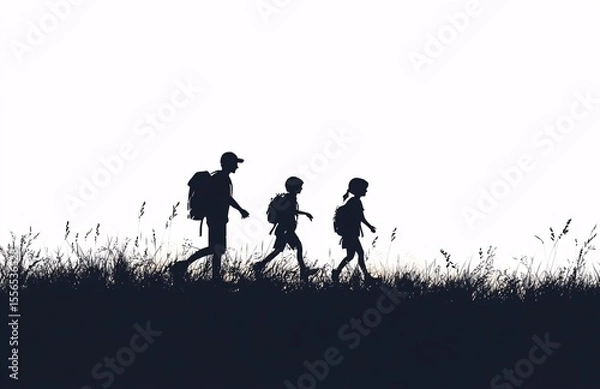 Fototapeta Silhouette of a family with parents and children walking together in a field at sunset, symbolizing unity, love, and togetherness.