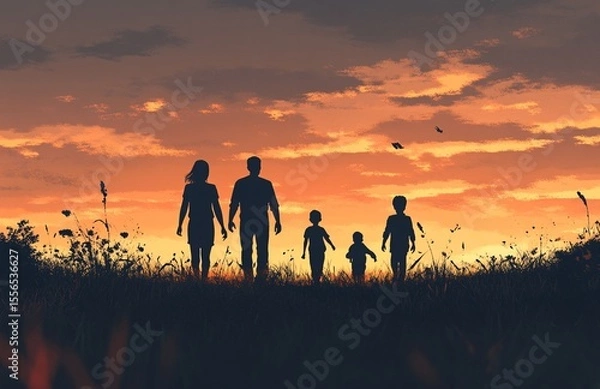 Fototapeta Silhouette of a family with parents and children walking together in a field at sunset, symbolizing unity, love, and togetherness.