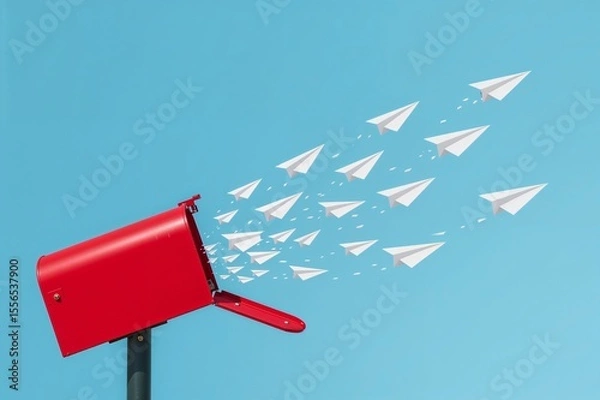 Fototapeta Red Mailbox Releasing Paper Airplanes into Sky
