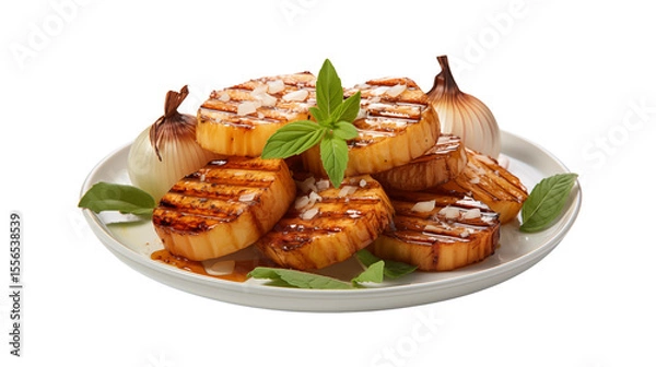 Fototapeta Appetizing grilled peach slices are artistically presented with basil and onions, creating a gourmet dessert still life transparent.