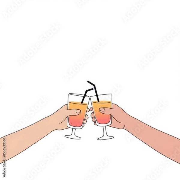 Fototapeta Two friends are celebrating by clinking their juice glasses together in a minimalist setting with a white backdrop