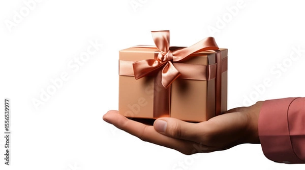 Fototapeta Gift box with ribbon held in palm against a blue backdrop makes for a special, elegant present transparent.