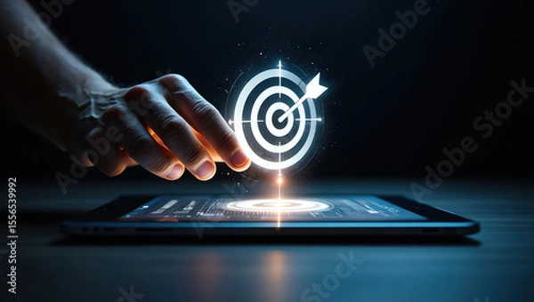 Fototapeta Hand Interacting with Digital Target on Tablet, Representing Precision Targeting, Marketing Strategy, and Achieving Business Goals Through Technology