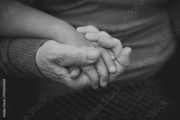 Fototapeta Close-up of elderly and child hands holding each other, expressing warmth, care and generational bond, concept of family and connection black and white photo grandmother and granddaughter