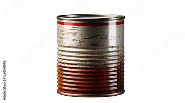 Fototapeta A rusty tin can stands alone against a light background showcasing aged metal, corrosion, and weathered surfaces transparent.