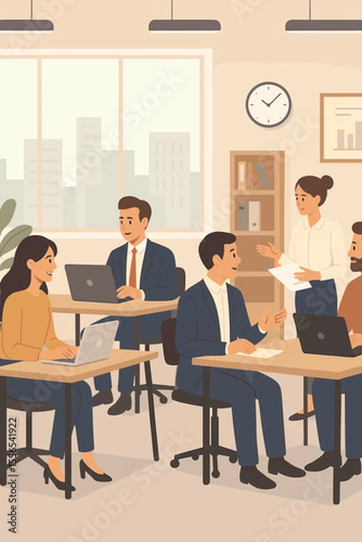 Fototapeta Business team collaboration in modern office workspace. Coworkers at desks with laptops, discussing projects, teamwork, communication, brainstorming, analysis, professional workplace environment