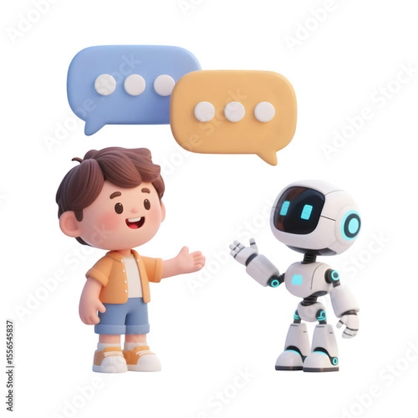 Fototapeta Cute cartoon boy and friendly robot having a conversation with speech bubbles isolated on transparent background