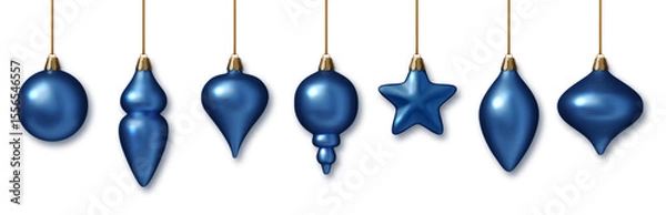 Obraz Christmas blue baubles realistic set PNG. Shiny 3D ornaments in blue metallic colors. Elegant holiday decorations for New Year, Xmas tree, celebration design.