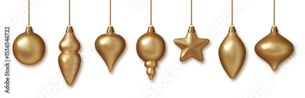 Obraz Christmas gold baubles realistic set PNG. Shiny 3D ornaments in gold and metallic colors. Elegant holiday decorations for New Year, Xmas tree, celebration design.