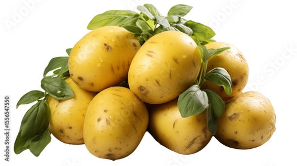 Fototapeta Fresh yellow potatoes are stacked with bright green basil leaves against a clean, neutral background, a simple, rustic still life transparent.
