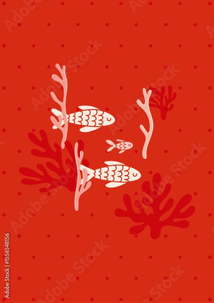 Obraz Underwater Family Poster – Cute Fish & Coral Art on Warm Red Polka Dot Background (AI) 