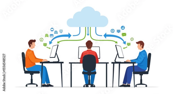 Fototapeta Cloud Computing Collaboration Vector Illustration of Teamwork and Data Sharing