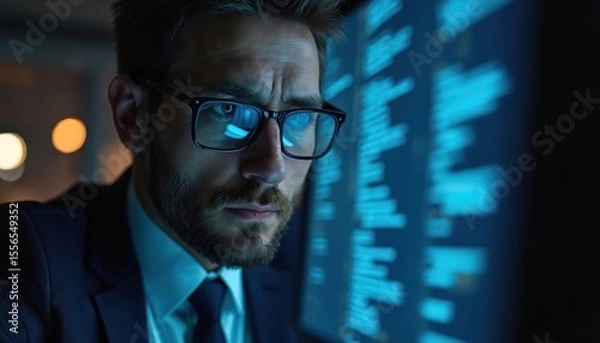 Fototapeta Focused businessman with glasses working on computer. Blue light screen reflection, night office background. Serious man, professional, tech, data analysis.