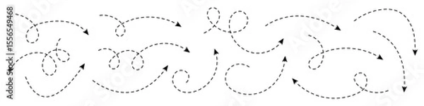 Fototapeta Collection of curved arrows with dashed lines. Minimalist elements for visualization, navigation, direction, process and graphic design.