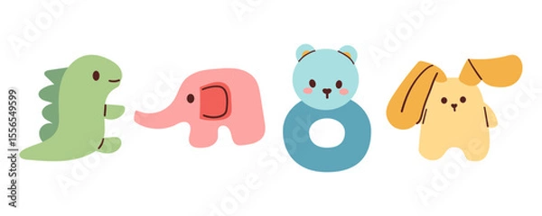 Obraz Cute toys for kids set concept. Entertainment and recreation. Inventory for children and playroom. Cartoon flat vector collection isolated on white background. Hand drawn flat illustration .