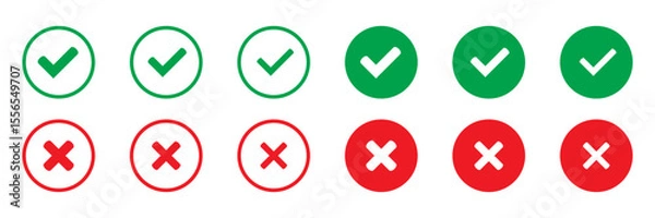 Fototapeta Yes or no symbol, approved or rejected icon. Right or wrong icons. Green tick and red cross checkmarks in circle flat icons  for user interface.