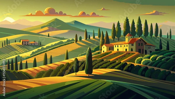 Fototapeta Rolling hills of green and gold are lined with tall cypress trees and vineyards. Rustic villas rest under the warm glow of the setting sun.