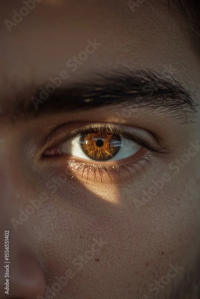 Obraz Macro Close-Up of a Human Male Eye with Amber Brown Iris in Natural Light – Detailed Facial Texture and Eyelashes