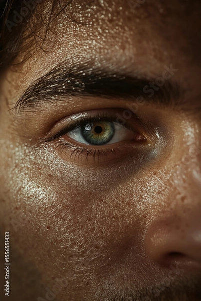 Obraz Ultra-Realistic Macro Close-Up of a Male Eye with Green Iris, Detailed Eyelashes, and Sweaty Textured Skin – High-Definition Cinematic Portrait Photography