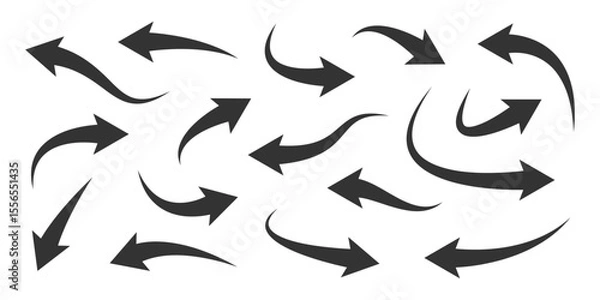 Fototapeta Set of curved dynamic black arrows. Minimal Isolated elements for infographic, presentation, social media, UX UI, highlighting, navigation, diagram, business educational visual