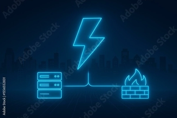 Fototapeta Futuristic Digital Connectivity Concept with Neon Icons of Server, Lightning, and Firewall