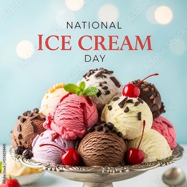 Fototapeta Celebratory Ice Cream Day Feast A Towering Display of Scoops with Toppings and Festive Cherries