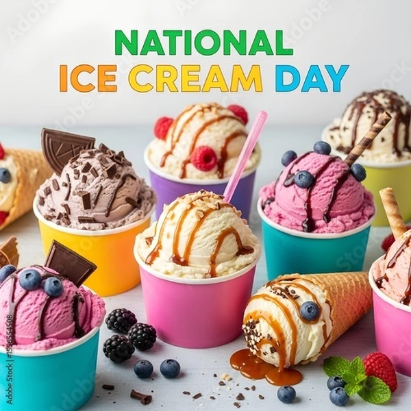 Fototapeta Delicious Ice Cream Creations A Celebration of National Ice Cream Day with Colorful Cups and Tempting Toppings for Everyone