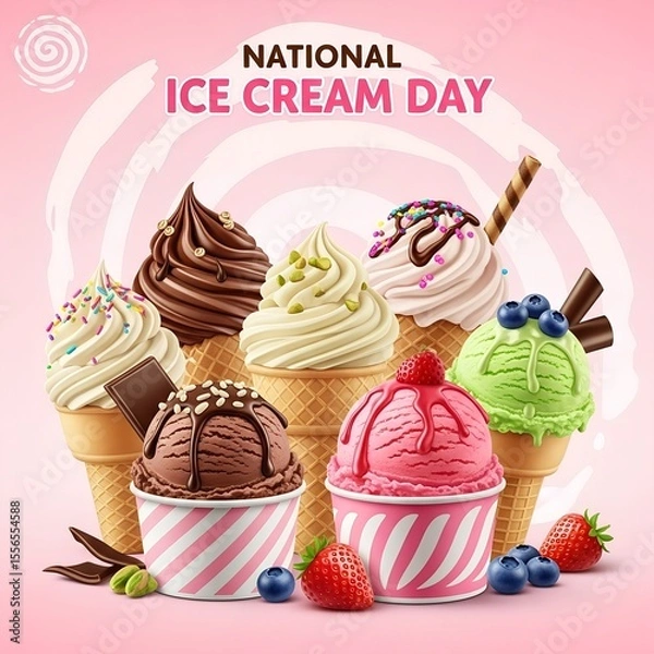 Fototapeta Celebrate National Ice Cream Day with a Variety of Delicious Flavors and Toppings in Cones and Cups