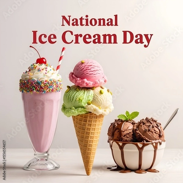 Fototapeta Celebrating National Ice Cream Day with a Trio of Delicious Treats A Sundae a Cone and Chocolate Indulgence