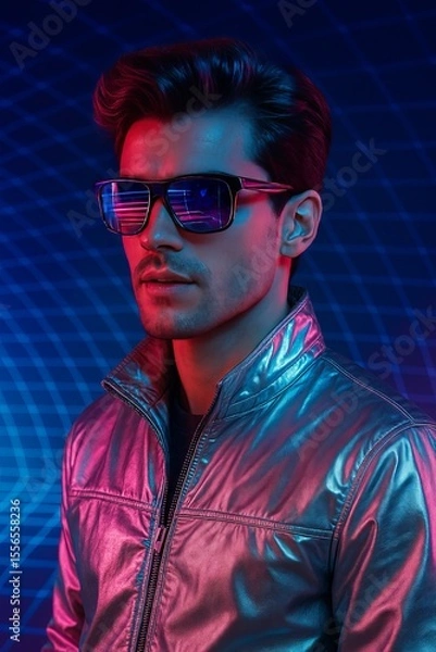 Obraz Retro-Futuristic Portrait with Neon Sunglasses and Vaporwave Aesthetics