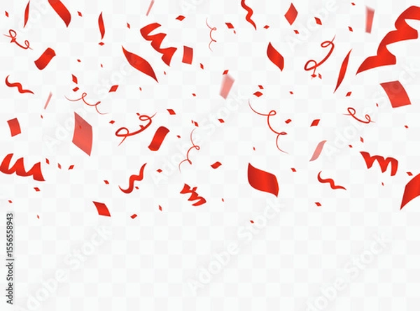 Fototapeta Many falling red confetti. Celebration background. Design template for birthday and party.