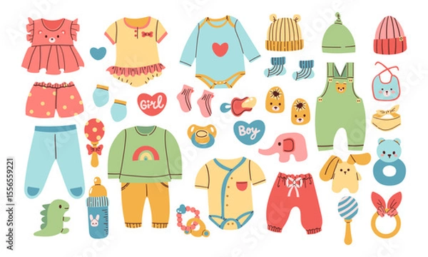 Obraz Newborn baby items set with cartoon elements in flat design. Bundle of kid toys, bodysuit, teddy bear, pacifier, rattle, diaper, booties and other decoration isolated stickers.