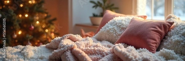 Fototapeta Cozy up with this plush winter scene featuring a warm, textured throw blanket and soft, inviting pillows Perfect for creating a serene and comfortable atmosphere , throws, design, hygge