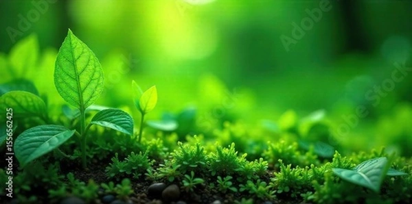 Fototapeta Vibrant green leaves and stems of various land plants thriving in a lush, natural environment Perfect for nature, botany, and ecology projects , sunlight, terrestrial plants, chlorophyll