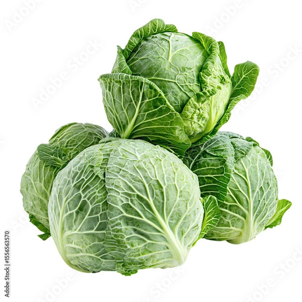 Fototapeta fresh cabbage heads stacked, layered leaf texture visible, studio shot on white background 