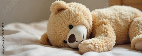 Fototapeta Serene Plush Teddy Bear Resting on a Neutral Cushion Peaceful Relaxation and Gentle Comfort