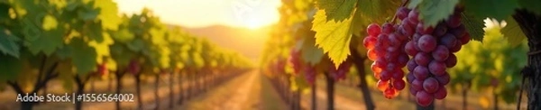 Fototapeta Sun-drenched vineyard bursting with ripe, ready-to-harvest grapes hanging heavy on the vines A picturesque autumn scene of abundant harvest , bountiful, golden