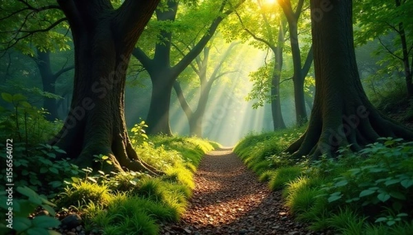 Fototapeta Sun-Dappled Path Through Ancient Forest A Magical, Tranquil Walk Amidst Lush Greenery and Mossy Rocks