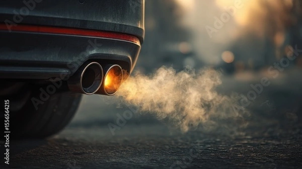 Obraz High-quality stock image of car exhaust pipe with visible CO2 smoke billowing out. Carbon emissions and global warming. Environmental problem with diesel and fossil fuels burning.