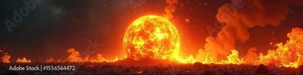 Fototapeta A fiery ball of intense heat and light explodes outward, leaving a trail of burning embers and smoke Perfect for fantasy, magic, or fiery backgrounds , energy, intense, magical