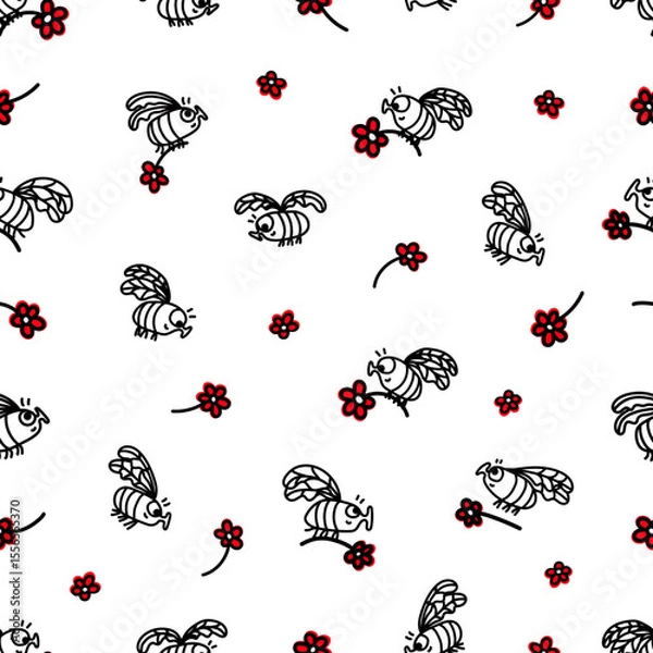 Obraz Busy Bees Seamless Pattern – Hand Drawn Bees & Red Flowers Repeat Pattern Design 
